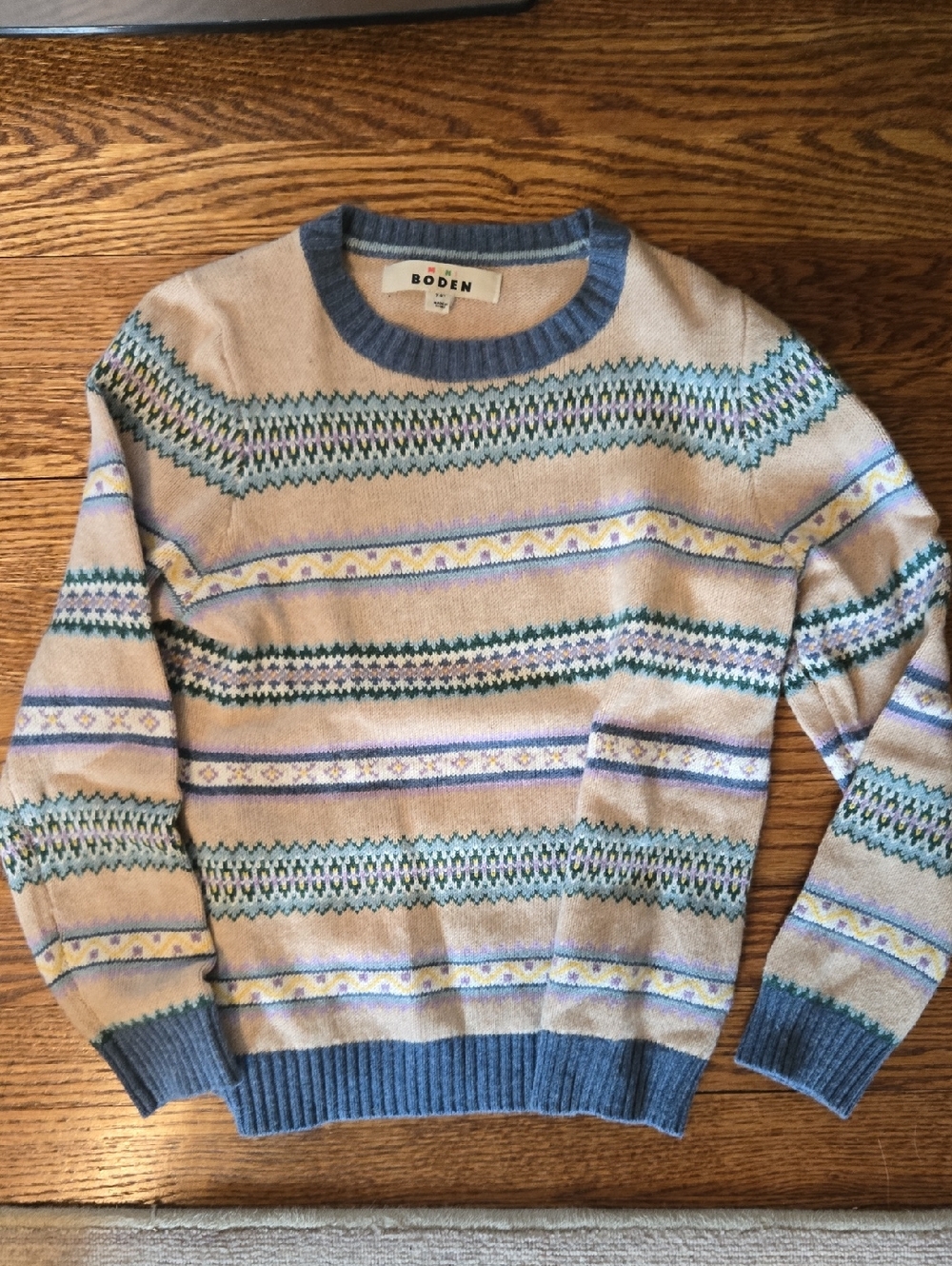 Mini Boden Beige Spring Fair Isle Crewneck Sweater with Blue Trim 7-8